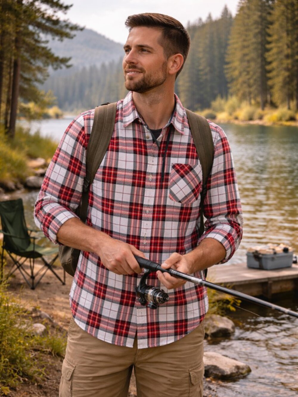 Hunters Men's Shirt Red Plaid Colorful 100% cotton Size M Comfy Casual Fishing